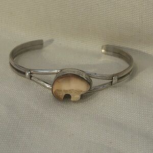 Native American Sterling Silver Carved Jasper Bear Cuff Bracelet Running Bear